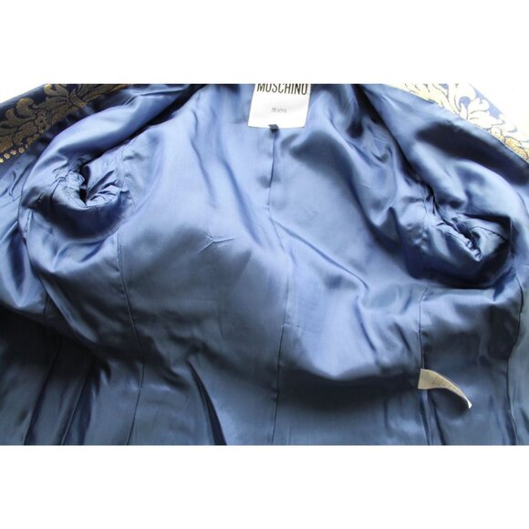 Moschino Jeans 90s Vintage Metallic Notch Collar Blazer Blue Gold Size 10 - Picture 9 of 12